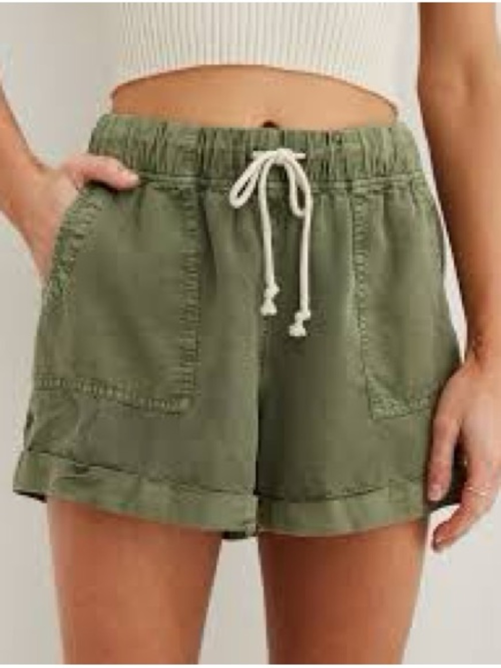 AMERICAN EAGLE SIZE 18~NWT DRAWSTRING JEANS SHORTS ROLL CUFF OLIVE GREEN SUMMER